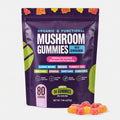 Mushroom Gummies in a purple resealable pouch with colorful gummy pieces and green accents, labeled organic and functional