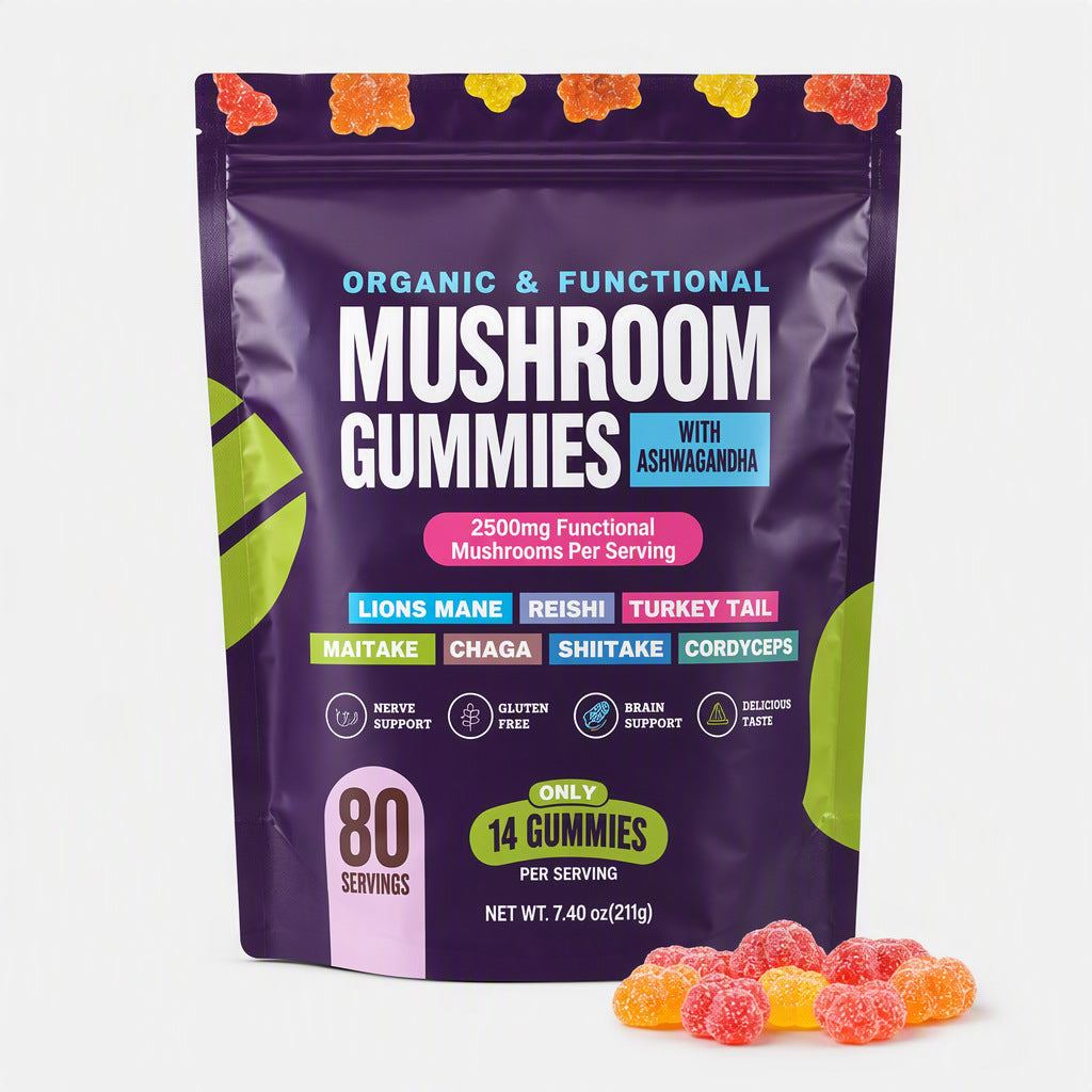 Mushroom Gummies in a purple resealable pouch with colorful gummy pieces and green accents, labeled organic and functional