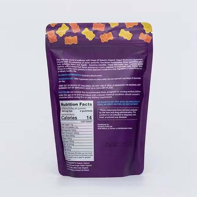 Mushroom Gummies in a purple stand-up pouch with colorful gummy shapes and a nutrition facts panel on the back