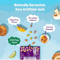 Mushroom Gummies in a purple pouch with colourful fruit-flavoured pieces, shown as plant-based, soft and chewable