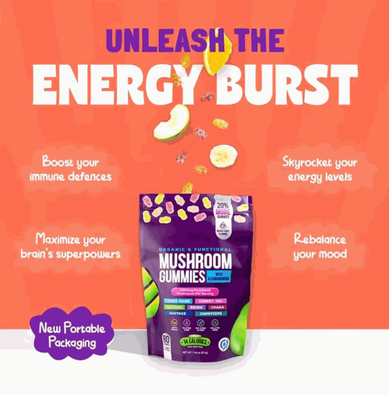 Mushroom Gummies in a purple resealable pouch with colorful fruit and mushroom graphics, promoted as an energy burst