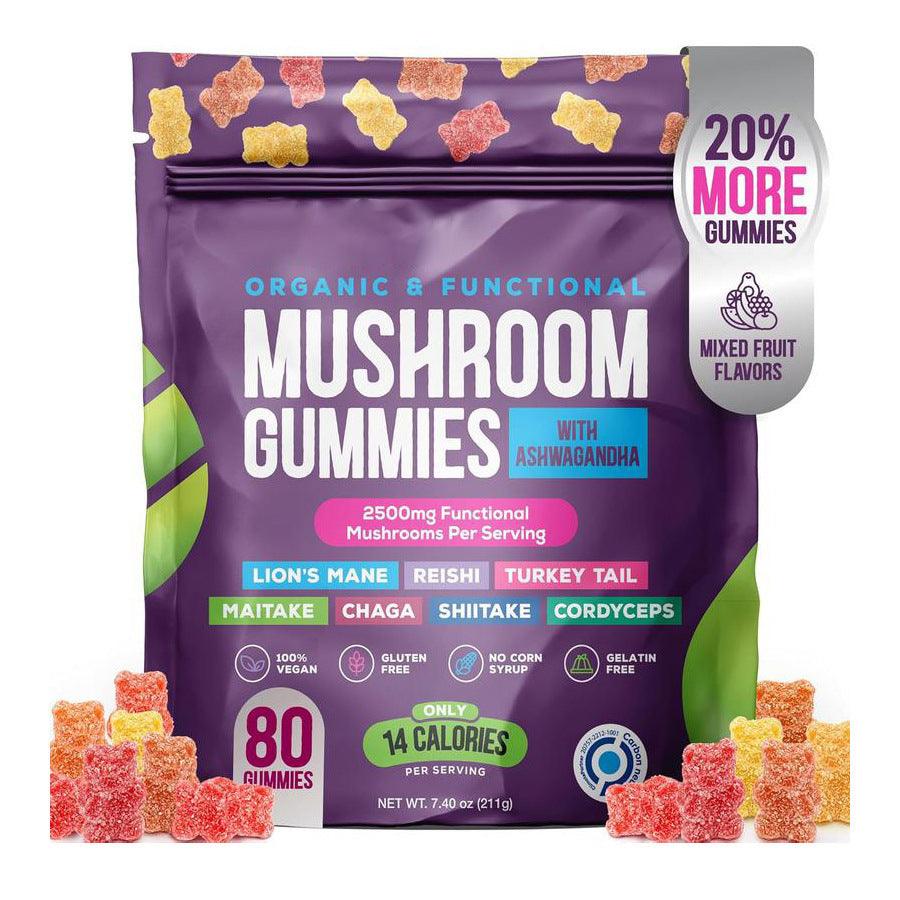 Mushroom Gummies in a purple stand-up pouch with mixed fruit gummy illustrations and colorful mushroom gummies