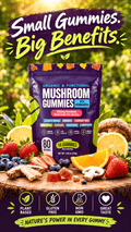 Mushroom Gummies in a purple pouch with colorful mushroom graphics, surrounded by fruit and assorted mushrooms