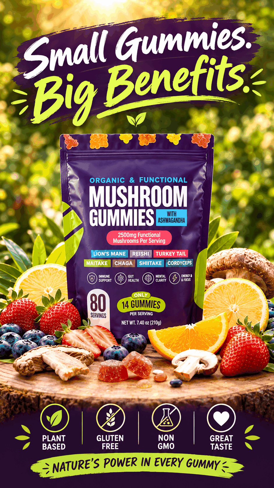 Mushroom Gummies in a purple pouch with colorful mushroom graphics, surrounded by fruit and assorted mushrooms