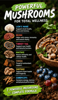 Mushroom Gummies infographic listing seven mushroom varieties and wellness claims, with mushroom and berry imagery