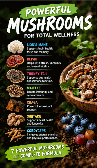 Mushroom Gummies infographic listing seven mushroom varieties and wellness claims, with mushroom and berry imagery