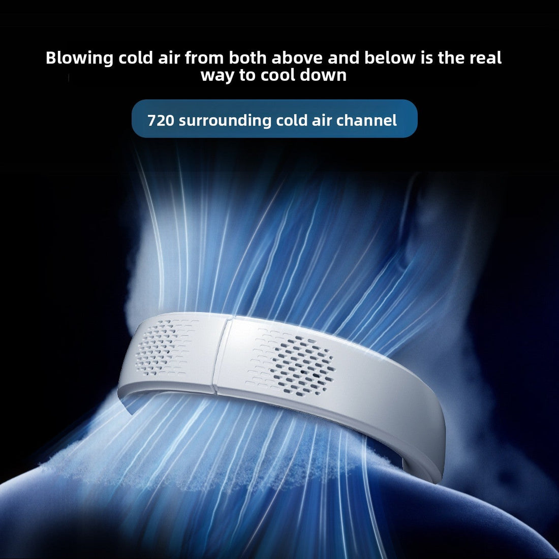 White Neck Fan with Digital Display, curved wearable design with black control panel, vented vents and visible digital screen
