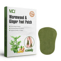 neck pain relief patch keyword describes a green herbal foot patch beside a wormwood and ginger box showing the foot placement