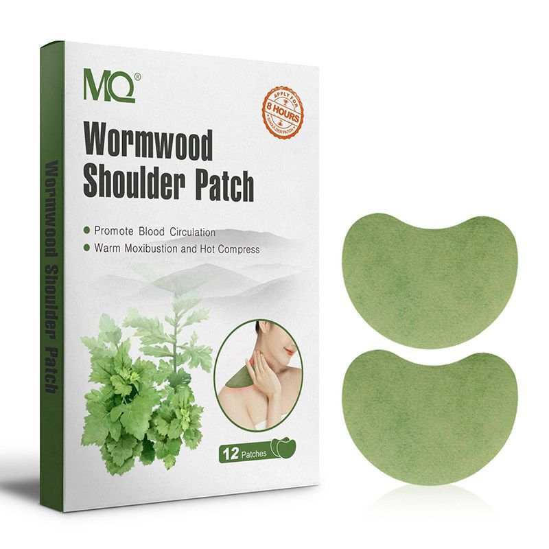 neck pain relief patch shown as a green wormwood shoulder patch set with two curved non-woven pads and retail box