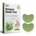 neck pain relief patch shown as green heart-shaped wormwood shoulder patches beside branded packaging, with a soft non-woven surface