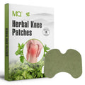 Herbal knee patch box with a muted olive-green non-woven patch, wormwood leaf graphics and a knee illustration; neck pain relief patch