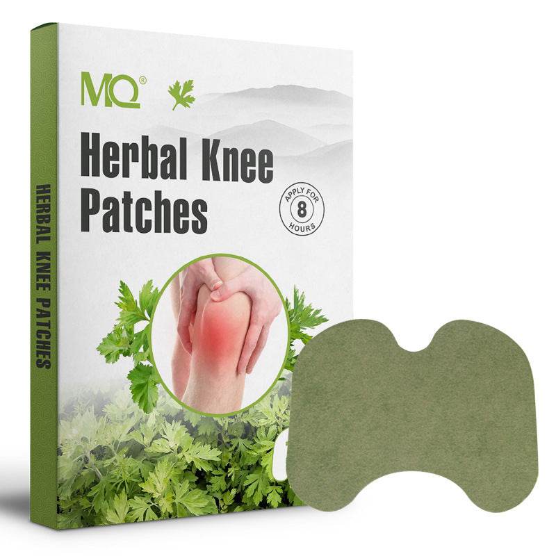 Herbal knee patch box with a muted olive-green non-woven patch, wormwood leaf graphics and a knee illustration; neck pain relief patch