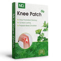 Knee patch box in white and green packaging with herbal leaf graphics, warming claims and a highlighted knee joint