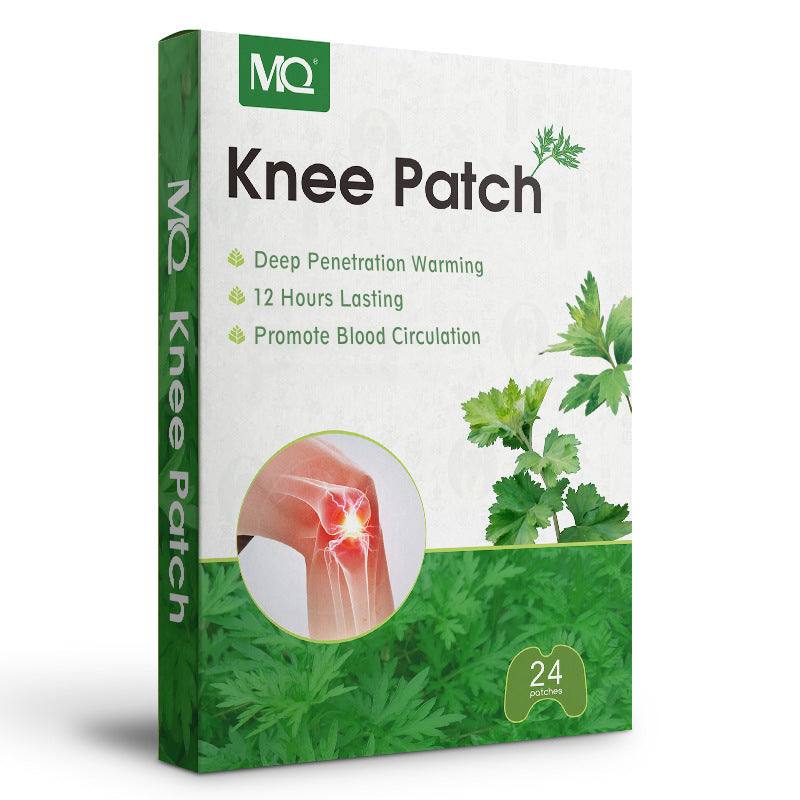 Knee patch box in white and green packaging with herbal leaf graphics, warming claims and a highlighted knee joint