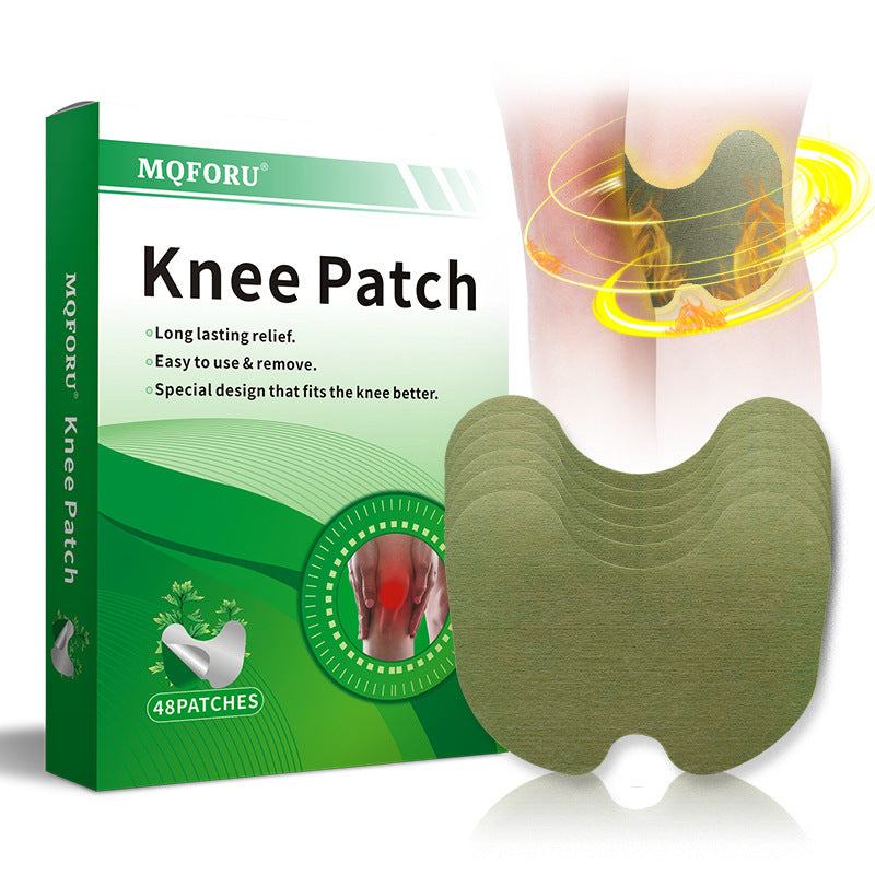 neck pain relief patch shown as an olive-green, contoured adhesive pad with layered curved ridges beside a green knee patch box