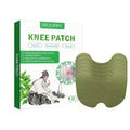 neck pain relief patch shown as olive green contoured knee patches beside a white and green herbal patch box labeled Knee Patch