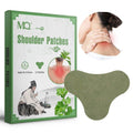neck pain relief patch in muted olive green non-woven fabric, with a contoured three-lobed shape beside its shoulder patch box