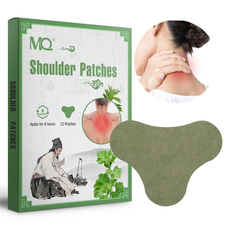 neck pain relief patch in muted olive green non-woven fabric, with a contoured three-lobed shape beside its shoulder patch box