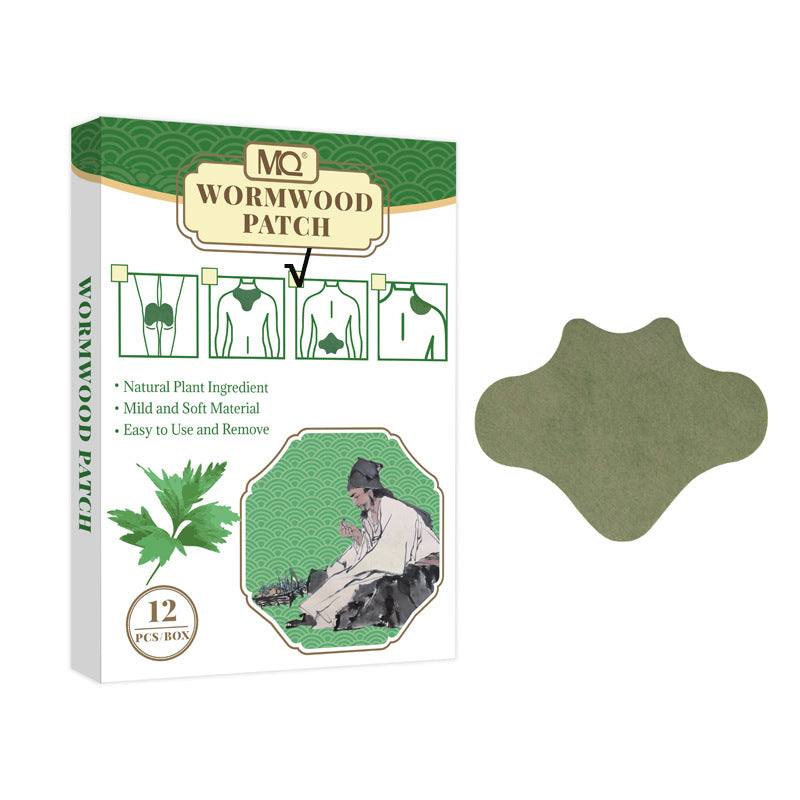 Neck pain relief patch with muted olive-green, soft non-woven fabric and a contoured shape beside wormwood patch packaging