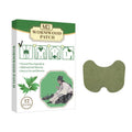 Neck pain relief patch in muted olive green non-woven fabric with a contoured shape beside a wormwood patch box