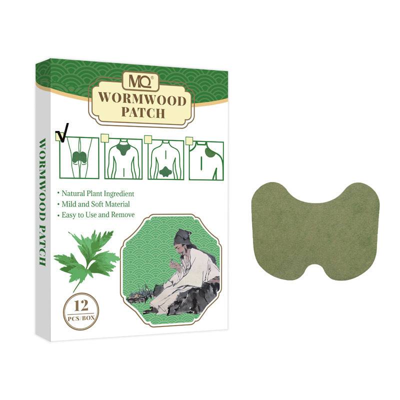 Neck pain relief patch in muted olive green non-woven fabric with a contoured shape beside a wormwood patch box