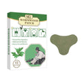 neck pain relief patch in muted olive non-woven fabric beside a green and white wormwood patch box with botanical graphics