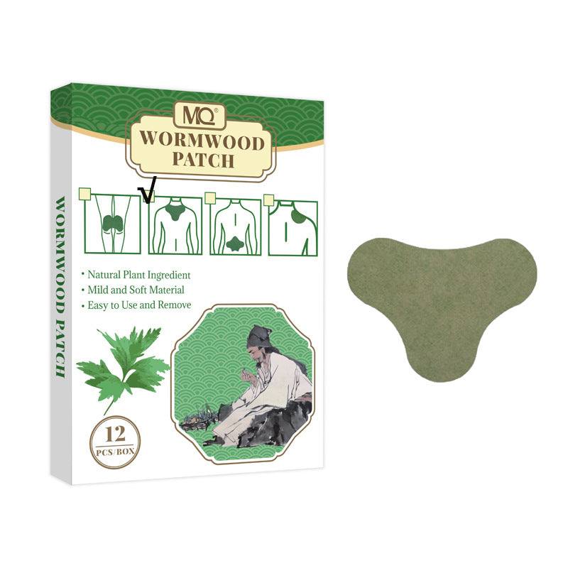 neck pain relief patch in muted olive non-woven fabric beside a green and white wormwood patch box with botanical graphics