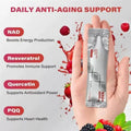 Niacinamide Berry Flavor health supplement in a slim silver sachet with red lettering, featuring NAD+ 1000mg labeling and berry imagery.