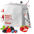 NAD+ drink powder sachet and box with red lettering, berry illustrations, and a white and silver pack; Niacinamide Berry Flavor