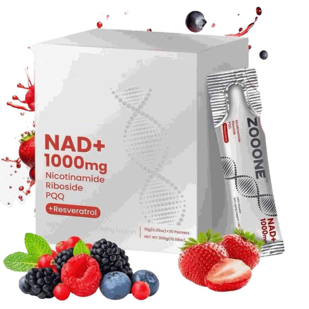 NAD+ drink powder sachet and box with red lettering, berry illustrations, and a white and silver pack; Niacinamide Berry Flavor