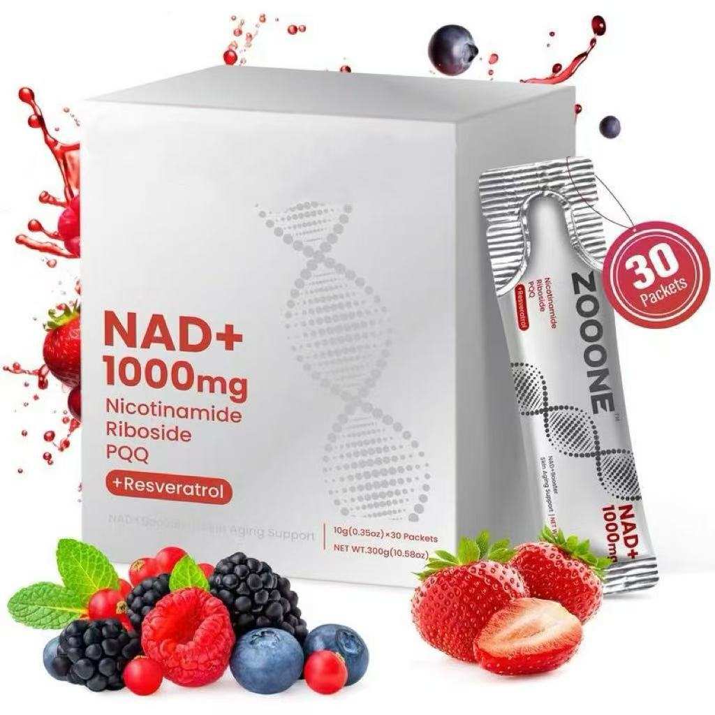 Niacinamide Berry Flavor NAD+ powder supplement with white sachets, berry fruit, and a red 30-packet badge