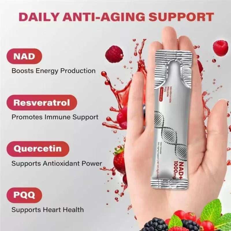 Niacinamide Berry Flavor drink powder sachet in silver packaging shown with NAD, resveratrol, quercetin and PQQ claims