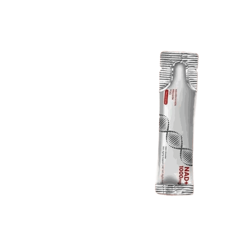 Niacinamide Berry Flavor drink powder in a slim silver sachet with red NAD+ lettering and black molecular graphics