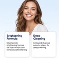 Nicotinamide toothpaste dense foam product graphic highlighting a niacinamide brightening formula and activated charcoal deep cleaning