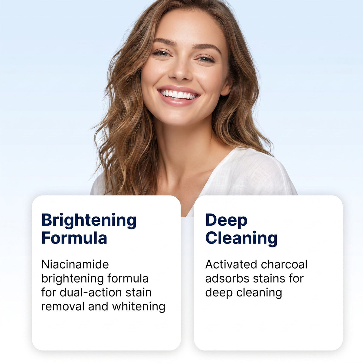 Nicotinamide toothpaste dense foam product graphic highlighting a niacinamide brightening formula and activated charcoal deep cleaning