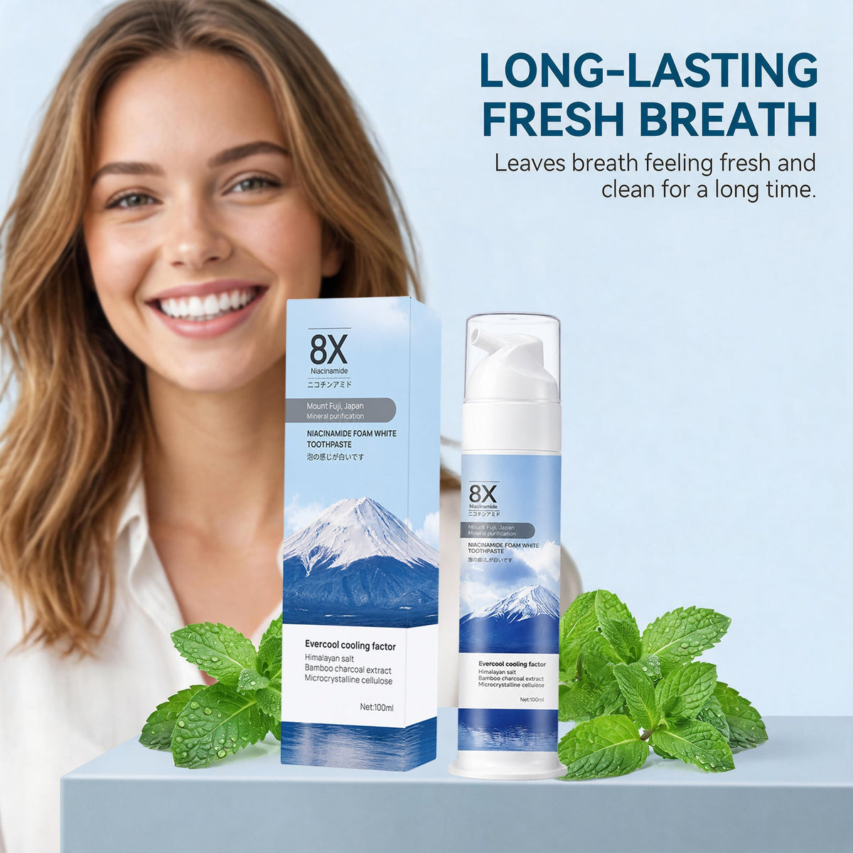 Nicotinamide toothpaste dense foam in a blue-and-white carton and pump bottle, with mountain graphics and 8X branding.