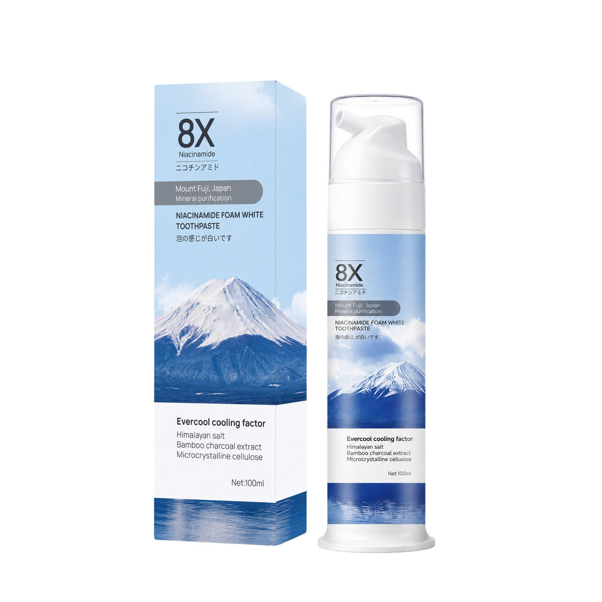 Nicotinamide toothpaste dense foam in a white pump bottle and blue carton, with 8X branding and a mountain design
