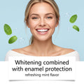 Nicotinamide toothpaste dense foam whitening and enamel protection graphic with a smiling woman, mint leaves and bubbles