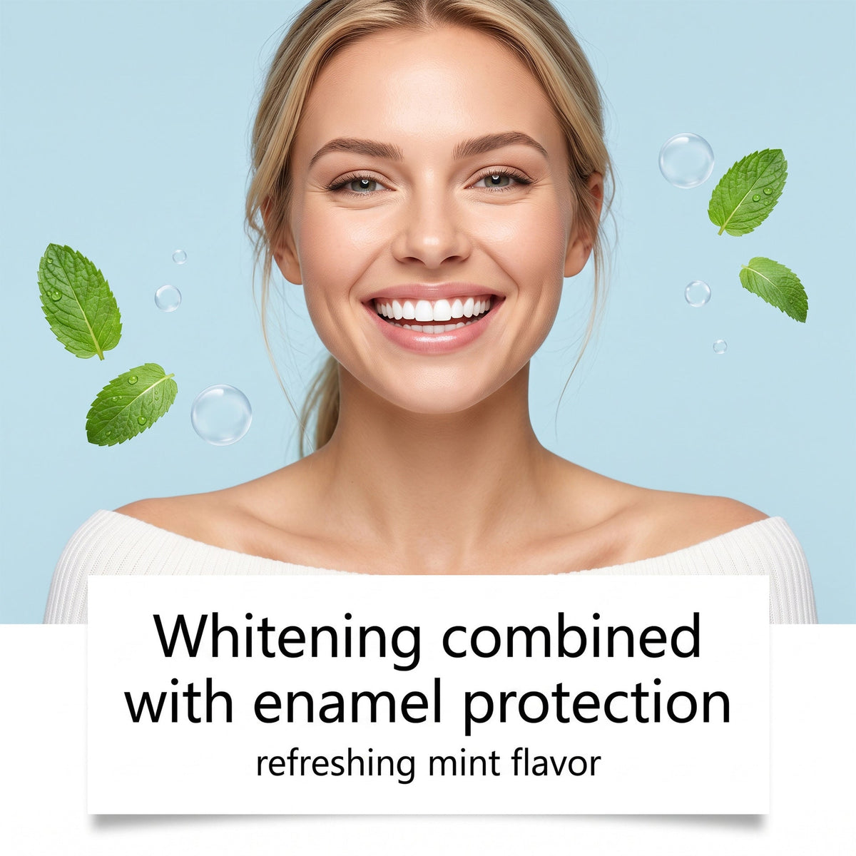 Nicotinamide toothpaste dense foam whitening and enamel protection graphic with a smiling woman, mint leaves and bubbles
