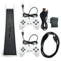 Nostalgic Retro Game Console with a black vertical unit, two white wired controllers, AV cables, and power adapter.