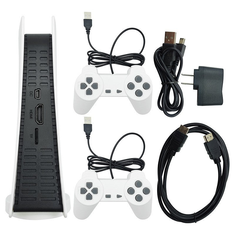 Nostalgic Retro Game Console with a black vertical unit, two white wired controllers, AV cables, and power adapter.