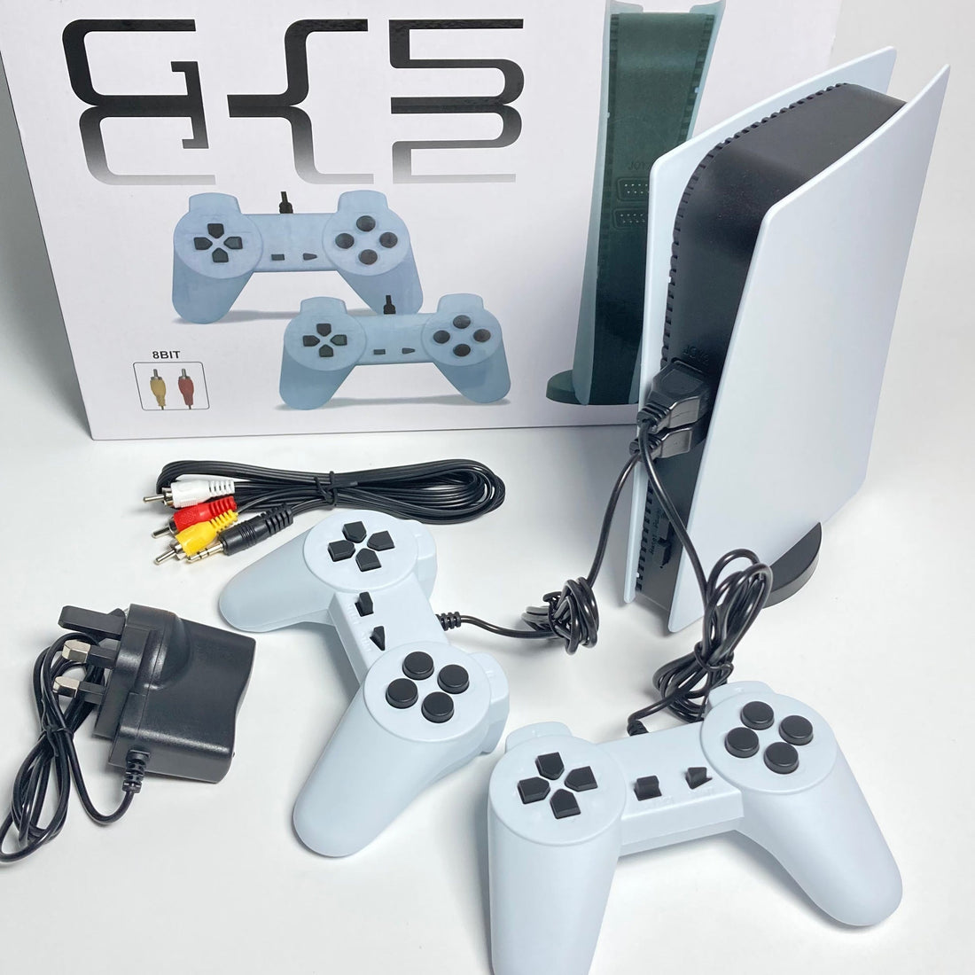 Nostalgic Retro Game Console bundle with white plastic console, two wired controllers, AV cables and power adapter.