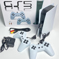 Nostalgic Retro Game Console bundle with white plastic console, two wired controllers, AV cables and power adapter.