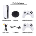 Nostalgic Retro Game Console in white and black plastic with round stand, two white wired controllers, AV cable and adapter