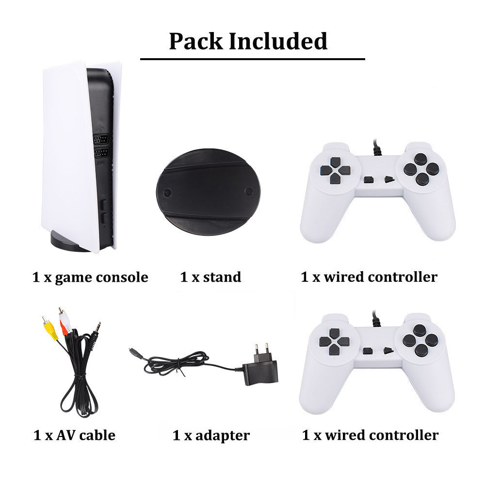 Nostalgic Retro Game Console in white and black plastic with round stand, two white wired controllers, AV cable and adapter