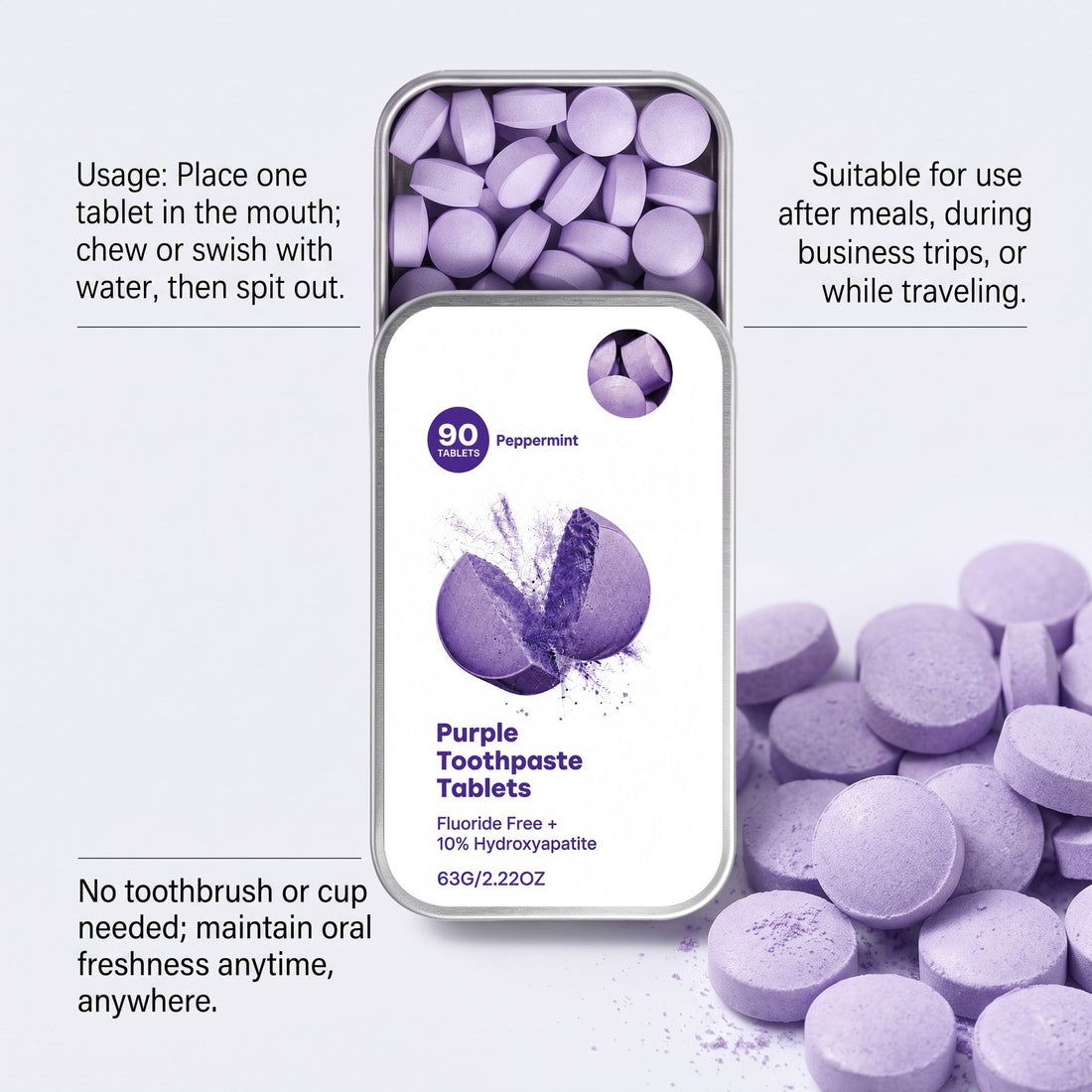 Oral Hygiene Toothpaste Tablets in lavender purple, shown as round compressed tablets in a silver tin with a white label.
