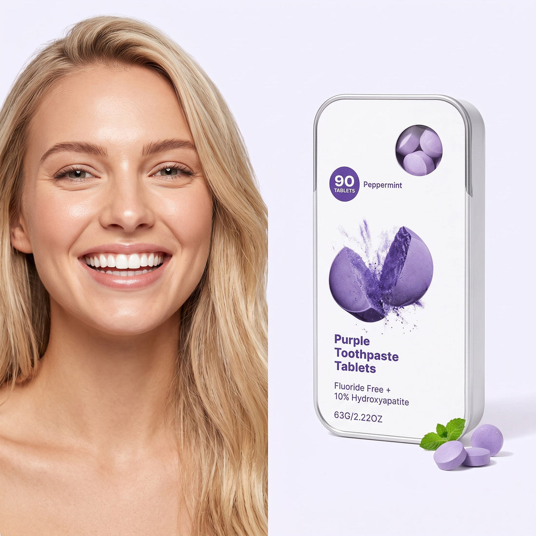 Oral Hygiene Toothpaste Tablets in lavender purple, shown as round compressed tablets in a silver tin with a white label.