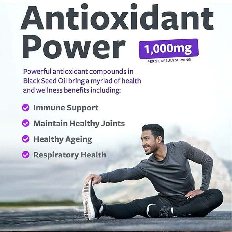 Oregano Oil Soft Capsules with a white and purple antioxidant label showing black seed oil benefits and 1,000mg per serving