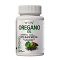 Oregano Oil Soft Capsules in a white plastic bottle with a ribbed cap, green lettering, and black seed oil label details.
