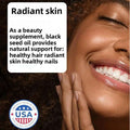 Oregano Oil Soft Capsules promotional graphic highlighting black seed oil for radiant skin, healthy hair and nails.